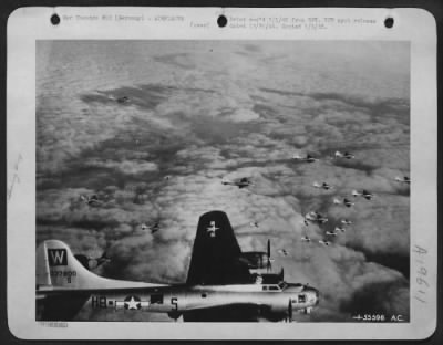 Thumbnail for Boeing > Formations of Boeing B-17 Flying Fortresses of the U.S. 8th Air Force wing over Germany 23 Dec 44 as they head for vital rail and road points to bomb, in air-ground cooperation with Allied armies fighting a few miles away.