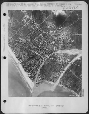 Thumbnail for Consolidated > B-17 Flying Fortresses and B-24 Liberators on the U.S. Army 15th A.F. strike at Rimini, 135 miles due north of Rome, on the Adriatic coast of Italy. The town is important to the Nazis as a communication center, with rail and port facilities used as