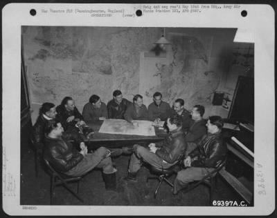 Thumbnail for General > Captain Dwyer And Crew Of The 91St Bomb Group, Based At Bassingbourne, England, Are Interrogated After A Raid Over Bremen, Germany On 20 April 1943.