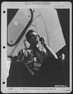 Thumbnail for General > From His Position In The Plexi-Glass Dome Of A Mobile Control Tower, Sgt. R.B. Smith Of Oklahoma City, Oklahoma Has An Unobstruted View Of 360 Degrees.  Here, Sgt. Smith Talks, Via Radio, To The Pilot Of A 91St Bomb Group Plane Coming In For A Landing At