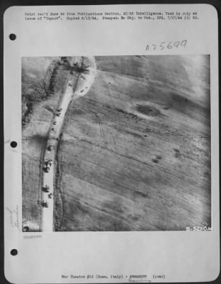 Thumbnail for Consolidated > Top two, and other trucks (center) are damaged by A-20 during the big push toward Rome, Italy.