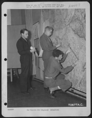 Thumbnail for General > Airmen Attached To Hdq., 1St Bomb Division, Work On A Map In The War Room At An 8Th Air Force Base In England.  20 September 1943.