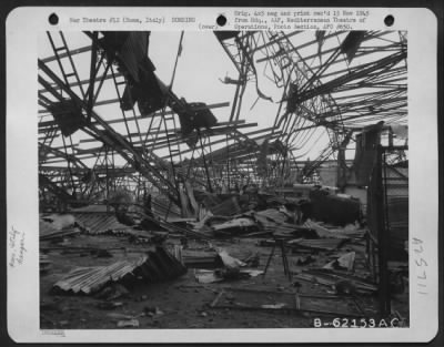 Thumbnail for Consolidated > Bomb damage to a hangar at Ciampino Airdrome, Rome, Italy.