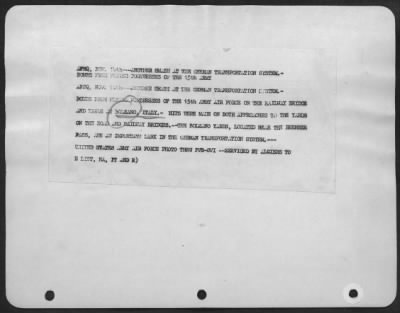 Thumbnail for Consolidated > Afhq, Nov. 14Th -- Another Smash At The German Transportation System - Bombs From Flying Fortresses Of The 15Th Army.  Afhq, Nov. 14 -- Another Smash At The German Transportation System -  Bombs From Boeing B-17 Flying Fortresses Of The 15Th Army Air Forc