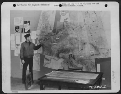 Thumbnail for General > An Officer Of The 410Th Bomb Group Points To A Wall Map Showing The Target Of The Day During Briefing At A 9Th Air Force Base, England, 25 July 1944.