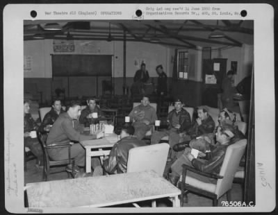 Thumbnail for General > Crew Members Of The 479Th Anti-Submarine Group Relax With Hot Coffee And Sandwiches During Interrogation In The Reading Room At An Air Base In St. Eval, England.  1943.