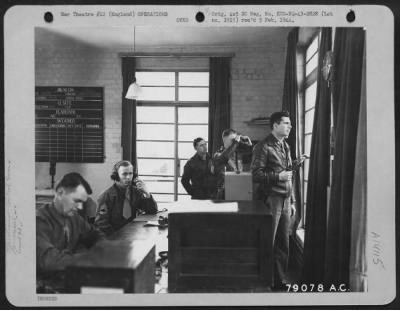 Thumbnail for General > In The Control Tower At A U.S. Bomber Station These Men Perform One Of Their Tense Jobs Watching The Ships Return To Their Base.  Others Of The Control Tower Are Clearing Planes On And Off Field, Handling Mid-Air Traffic, Weather Forecasting And Answering