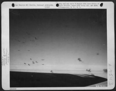 Thumbnail for Flak > Bursts Of Deadly Flak Explode Around A Formation Of B-17 Flying Fortresses Of The 452Nd Bomb Group During Their Mission Over Berlin, Germany, 9 March 1944.  The Flak Appears As Innocent Puffs Of Smoke But Each Burst Showers Approximately 1400 Jagged Piece