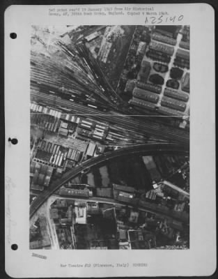 Thumbnail for Consolidated > Aerial View Of Marshalling Yards At Florence, Italy, Showing Bomb Damage Buildings (Upper Center Of Photo).