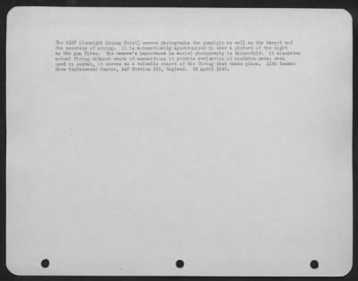 Thumbnail for Cameras,Gun > The Gsap (Gunsight Aiming Point) Camera Photographs The Gunsight As Well As The Target And The Accuracy Of Aiming.  It Is Automatically Synchronized To Take A Picture Of The Sight As The Gun Fires.  The Camera'S Importance In Aerial Photography Is Three-F