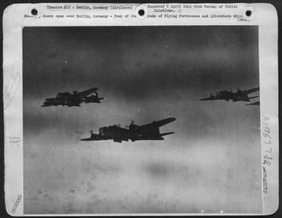 Thumbnail for Boeing > Bomb-Bay Doors Open Over Berlin, Germany - Four Of The Hundreds Of "Flying  Fortresses" And Liberators Which Attacked Berlin On 6 March 1944 Approach Target Area With Bomb-Bay Doors Open.