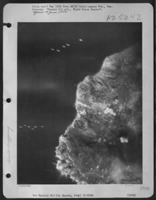 Thumbnail for Consolidated > From A North American B-25 Mitchell Of The 12Th Air Force An Aerial Photographer Caught This Load Of Bombs Being Dropped On Enemy Installations At La Spezia By Formations Of 12Th A.F. Medium Bombers On 5 April 1945.  Italy'S Western Ports Held By The Hun