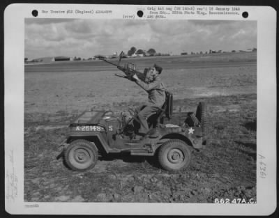 Thumbnail for General > Field Defense - A 50 Cal. Anti-Aircraft Gun Is Mounted On A Jeep At 8Th Air Force Station 167 In England.  14 August 1943, 381St Bomb Group.