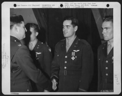 Thumbnail for Awards > Colonel Curtis E. Lemay, Columbus Ohio, Presents The Distinguished Flying Cross Award To 1St Lt. Charles H. Mccandless, Pittsburgh, Penn.  563Rd Bomb Squadron, 388Th Bomb Group, England.  5 September 1943.