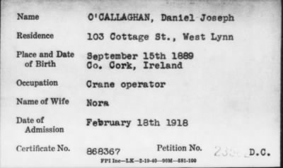 Thumbnail for 1918 > O' CALLAGHAN, Daniel Joseph