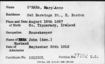 1918 > O' HARA, Mary Anne