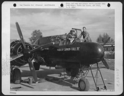 Thumbnail for Painting & Washing > Sgt. E.P. Mcswain, Mechanic Of York, South Carolina, And T/Sgt. Neal C. Colbert, Crew Chief From Lakeland, Florida, Clean The Glass Enclosure Of The Northrop P-61 Black Widow 'Wabash Cannon - Ball Iv' Night Fighter Of The 9Th Air Force.  France.  27 Sept.