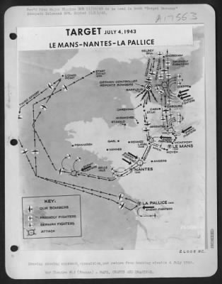 Thumbnail for General > Drawing showing approach, opposition, and return from bombing mission 4 July 1943.