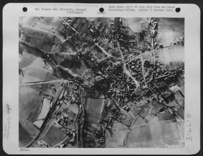 Thumbnail for Night > Daylight photo of Breteuil, France, taken at 10,000 feet by Lt. Colonel Leon Gray's U.S. Eighth Air Force Reconnaissance Group. (For a night photo comparison, see photo number A-73115 AC).