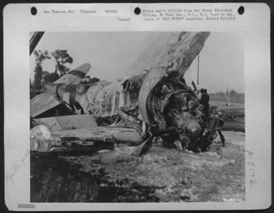 Thumbnail for General > Before mechanics of a 9th AAF Service Command unit in France took over, the foamite-covered Thunderbolt shown here was just another wrecked and partly burned plane that seemed consigned for spare parts duty in the local air force salvage yards.