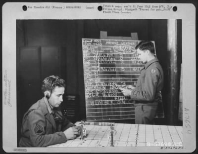 Thumbnail for General > The Weather Reports Are Being Written On The Weather Board At Fc Operations Tent.  The Men In The Picture Are: S/Sgt. Milo Caskey Of Hale Center, Tex.; Sgt. Joel C. Nichols Of Birmingham, Ala.