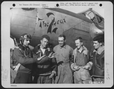 Thumbnail for General > Lt. Pawloski Of The 367Th Fighter Group, Standing Next To His Lockheed P-38 'The Brat 2' Describes His Experiences With The Enemy To The Ground Crew.  France, 14 October 1944.