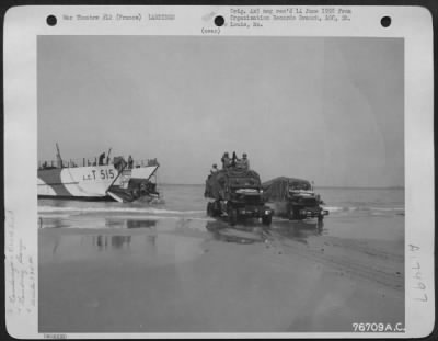 Thumbnail for General > Heavy Equipment Is Driven Off An Lct (Landing Craft-Tank) During Landing Operations Of The 834Th Engineer Aviation Battalion At Normandy Beach, France.