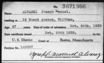 Thumbnail for 1933 > ALVAREZ Joseph Manuel.