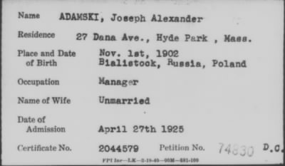 Thumbnail for 1925 > ADAMSKI, Joseph Alexander