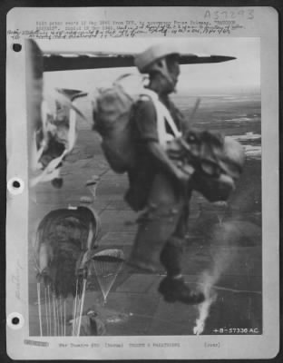 Thumbnail for Consolidated > Rangoon Assault - Hurling Through The Air While At The Rigid Position Of Attention, This Typical Gurkha Paratrooper Goes Into Action Against The Japanese Near The City Of Rangoon, Burma. These Rugged Little Fighters, Whose First Love Is Killing Japs, Were