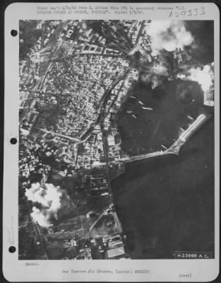 Thumbnail for Consolidated > U.S. BOMBERS STRIKE AT SOUSSE, TUNISIA-Striking from east to west, U.S. Army Air Force bombers attacked Sousse, important Axis-held Mediterranean seaport in Tunisia. This city felt the impact of American bombs on pier-heads and at