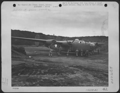 Thumbnail for Consolidated > A Consolidated B-24 with the crew all set and ready to go. The props are hand turned over once or twice, the crew climbs aboard, and it is off to bomb the Japs. 27th Divisional Squadron, Umnak Island, Alaska.