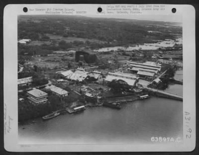 Thumbnail for Consolidated > An aerial view of the destroyed coconut oil refinery on Mactan Island, which was formerly owned by the Philippine Oil Company. May 1945.