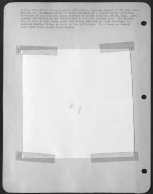 Consolidated > Burning from direct thousand-pound bomb hits, a Japanese cruiser of the Kuma class circles in a desperate effort to evade new blows by a "Bomber Baron" Liberator formation of the 13th AAF, which attacked it in the Sulu Sea Oct 26, 1944. Left burning