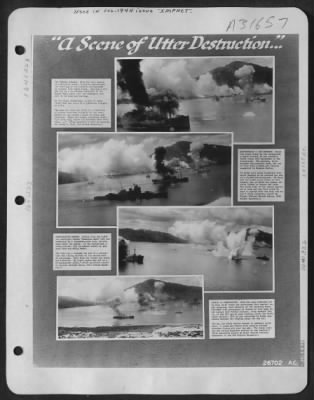 Thumbnail for Consolidated > TWO VESSELS ABLAZE: From the tail camera of a Mitchell bomber flying at mast-height the blasting of two Japanese merchantmen is brought into sharp focus. Scoring a direct hit on a 10,400-ton transport of the Hakone Maru class (24) the attacks have