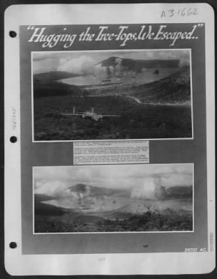 Thumbnail for Consolidated > ESCAPE-AND RUIN: A Mitchell bomber, winging over the caked lava and bush slopes of Vulcan volcano, speeds out of Simpson Harbor. Hugging the tree tops, we escaped from Simpson Harbor to the southeast. Vulcan volcano, lined with anti-aircraft guns,