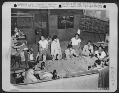 Thumbnail for Consolidated > Radar filter board operated by "C" Company, 565th Signal Air Warning Bn., at the 45th Fighter Control Center, Lingayen Airstrip, Luzon, Philippine Islands.