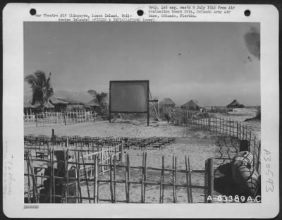 Thumbnail for Consolidated > Attractive movie area of the 547th Night Fighter Squadron at Lingayen was situated near the beach and captured the advantage of the cool ocean breezes in the evening.