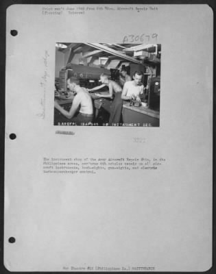 Consolidated > The instrument shop of the Army Aircraft Repair Ship, in the Philippines areas, performs 4th echelon repair on all aircraft instruments, bomb-sights, gun-sights, and electric turbosupercharger control.