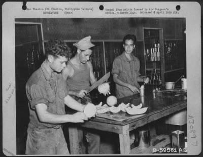 Thumbnail for Consolidated > Preparing food in the Mess Hall of Company G, 863rd Engineer Battalion at Manila, Philippine Islands.