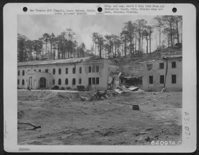 Thumbnail for Consolidated > Baguio, Luzon Island, Philippine Islands-Baguio, General Hospital. Three bombs fell in line here, one hit and two near misses. Craters were 20x12 feet. 28 April 1945.