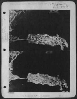 Consolidated > CAVITE BOMBED--(BEFORE) Cavite, P.I. a naval and seaplane base in Manila Bay prior to bombing. (AFTER) 600 tons of bombs dropped by the 13th AF transformed Cavite into ruins. 96% of the buildings were destroyed, which shows remarkable