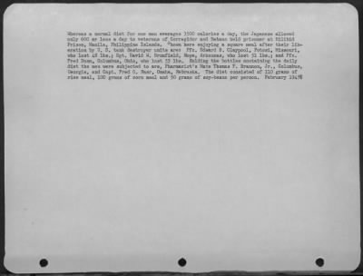 Consolidated > Whereas A Normal Diet For One Man Averages 3500 Calories A Day, The Japanese Allowed Only 600 Or Less A Day To Veterans Of Corregidor And Bataan Held Prisoner At Bilibid Prison, Manila, Philippine Islands.  Shown Here Enjoying A Square Meal After Their Li