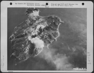 Consolidated > Bombs, Dropped By Consolidated B-24'S Of The 494Th Bomb Group, Burst On The Target Area On Corregidor Island In The Philippines, In February 1945. The Target Was Gun Positions On The Western End Of The Island.