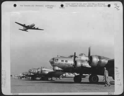 Thumbnail for Consolidated > GOING HOME--Boeing B-17's, only a few months ago plaguing Naziland, line up at Marrakech, French Morocco, on their first step home. More than 2,500 bombers have flown through Marrakech, main channel of aircraft redeployment, since V-E Day.