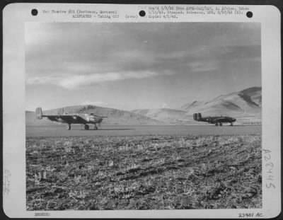 Thumbnail for Consolidated > Berteaux, Morocco-North American B-25's of the 310th Bomber Group off from a North African airfield to bomb Axis held territory.