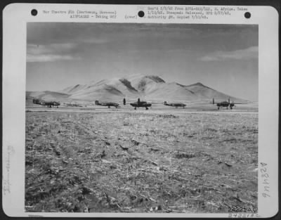 Thumbnail for Consolidated > Berteaux, Morocco-These North American B-25's are taking off from a North African airfield to raid Axis held territory.