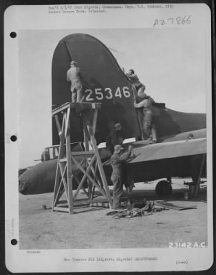 Thumbnail for Consolidated > Algiers, Algeria-Men working on the tail of a Boeing B-17 "Flying Fortress."