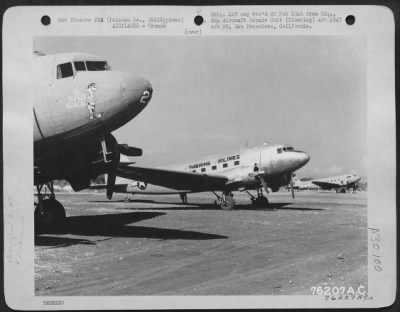 Thumbnail for Consolidated > Douglas C-47's ("The Sad Sack" in foreground) on flight line at Palawan Island, Phililppines. 14 April 1945.