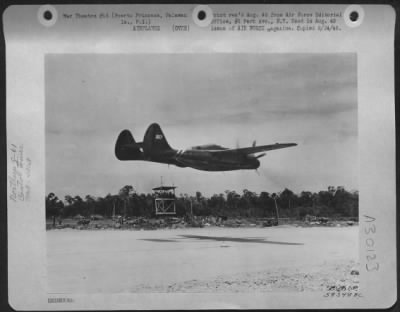 Thumbnail for Consolidated > BLACK WIDOW COMES IN LOW--One of the first 13th AAF Black Widows to arrive at Puerto Princesa buzzes the strip preparatory to peeling up, dropping his wheels, and landing. 421st Night Fighter Squadron.